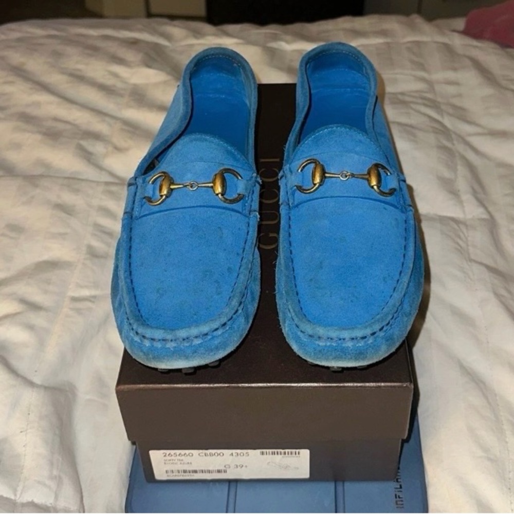 Gucci Blue Suede Loafers with Gold Accent - Picture 2 of 6